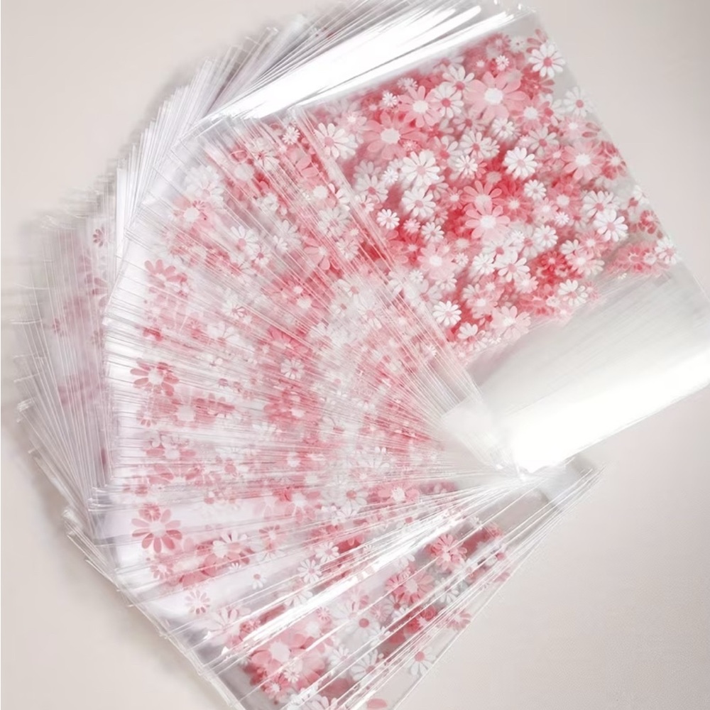 25 Pink Floral Self Adhesive Cellophane Bags